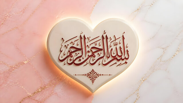 Bismillah calligraphy on heart shape plaque with pink and white marble background