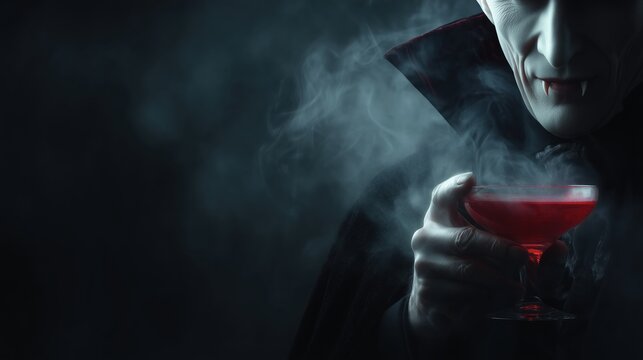 Mysterious vampire in dark cape holds blood red cocktail against smoky black backdrop. Gothic Halloween character with pale complexion and menacing fangs emerges from shadows