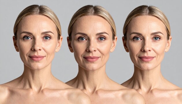 Triptych portrait of one woman at ages 20, 40 and 60