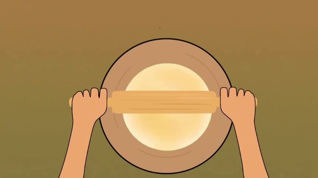 Hands using wooden rolling pin to flatten dough on round wooden board surface & making bread