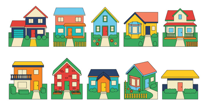 Colorful Residential Architecture Set, Split-Level Houses, Gable Roofs, Balconies, Covered Entrances and Contemporary Suburban Homes Vector Design and Illustration