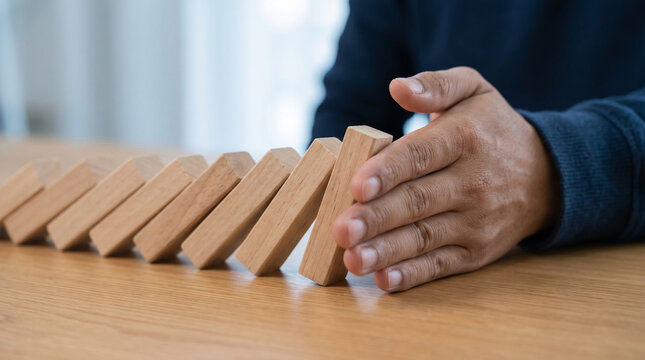 A hand stopping falling wooden blocks, symbolizing intervention, control, and preventing chaos in business or life.