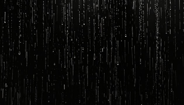 Falling raindrops and vertical rain streaks on black, seamless high-contrast visual effect.