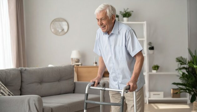 Joyful elderly man using a walking frame