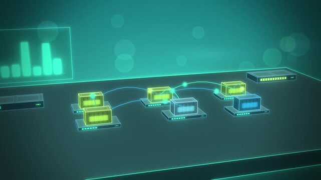 Teal service mesh connecting containers with glowing links wide scene