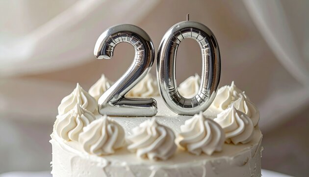 Silver number 20 topper on white frosted cake