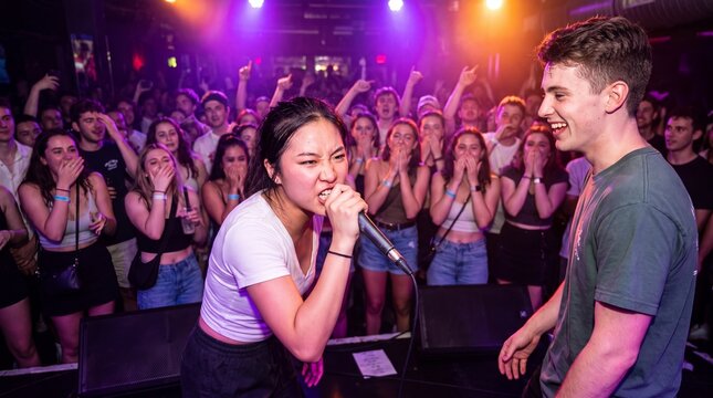 Two Beatboxers Facing Off in Battle as Crowd Reacts Around Them