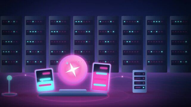 Magenta AI assistant orb with suggestion cards room scene endless loop