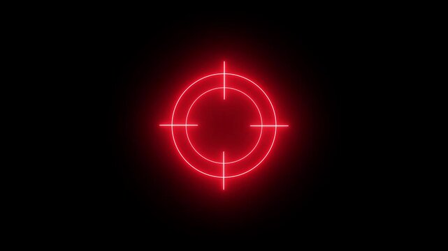 Glowing neon target icon animation. Military training target icon animation on a black background. Crosshair, glowing radar, aim, and sniper precision animation loop for a background.
