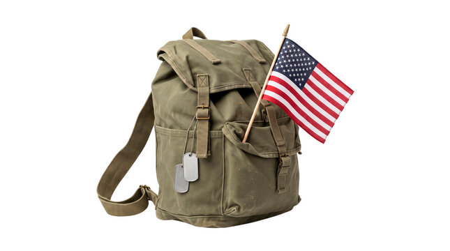 Vintage Military Backpack with American Flag, No Background, Transparent PNG