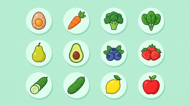 Flat illustration of twelve colorful fruits and vegetables