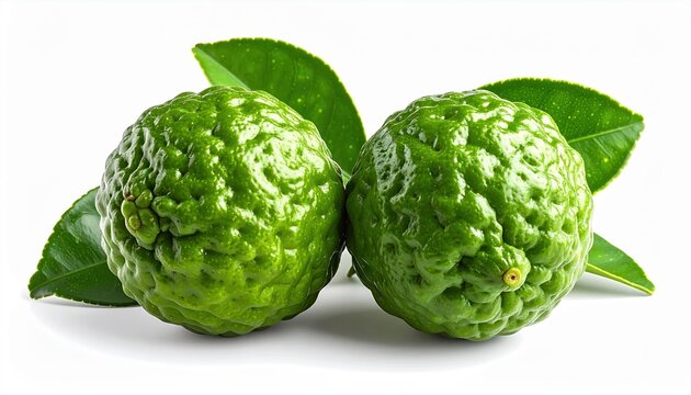 Kaffir lime fruit with bumpy green rind and glossy leaves, realistic tropical citrus photography, isolated on white background