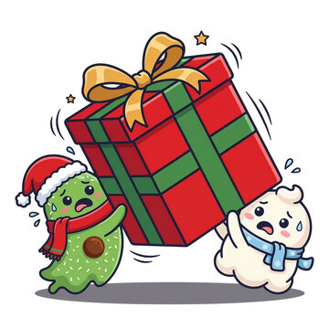 Cute ghost klepon and snowy mochi struggling to catch a giant falling christmas gift box cartoon vector illustration