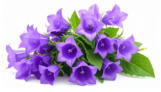 Purple bellflower cluster with nodding bell-shaped blossoms and fresh green leaves, realistic botanical photography, isolated on white background