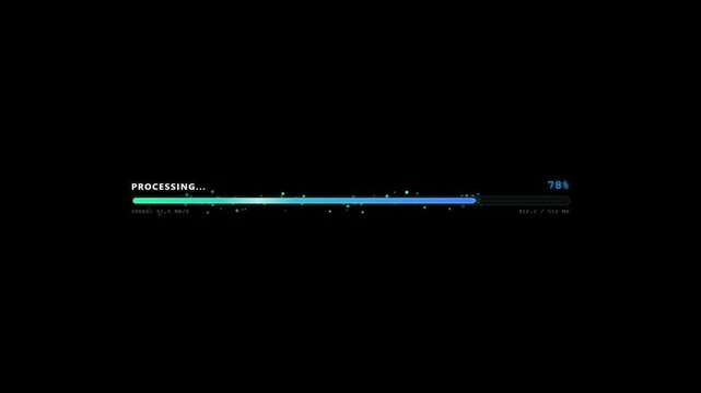 Ultra HD 4K motion graphics animation featuring a sleek horizontal progress bar charging from 0% to 100% with glowing dynamic particle effects, digital percent counter, and status text indicator on a