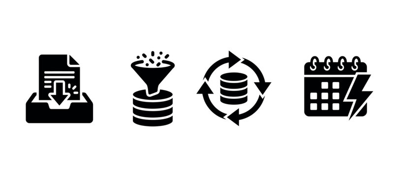 Download funnel database and calendar icons in black silhouette