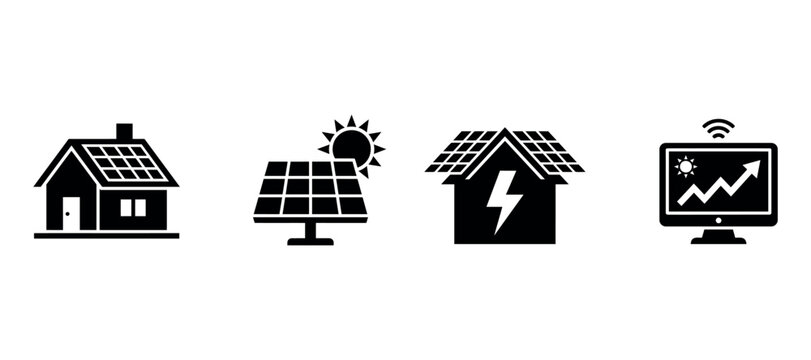 Solar energy icons depicting home panels storm and monitoring silhouette