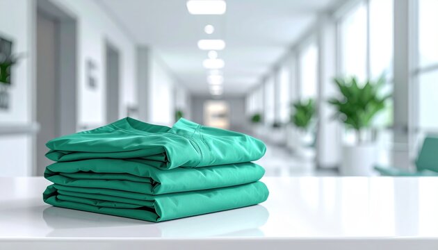 Neatly folded green medical scrubs on a white counter, modern hospital corridor softly blurred behind