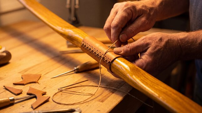 Bowyer Stitching Leather Grip Onto Handle of Finished Wooden Longbow