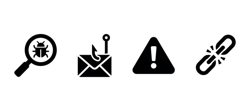 Security icons depicting bug scan phishing warning and broken link silhouette