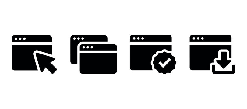 Web page interaction icons depicting clicking saving and confirmation silhouette