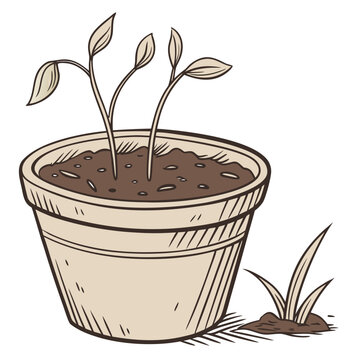 Pot de fleur de terre cuite avec le sol et jeune plante, illustration vectorielle d'isolement sur fond blanc