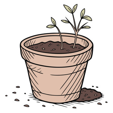 Pot de fleur de terre cuite avec le sol et jeune plante, illustration vectorielle d'isolement sur fond blanc