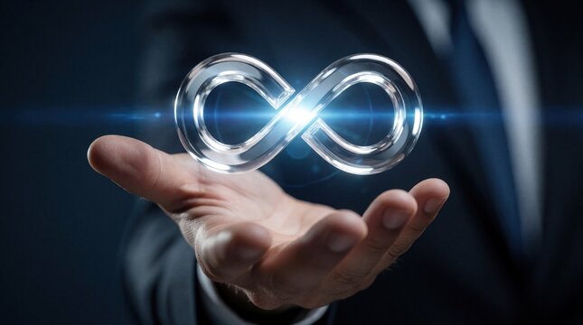 Businessman holds glowing silver infinity symbol in open palm. Abstract glass loop icon floats above hand. Concept of endless possibilities, future technology, continuous growth in corporate world.