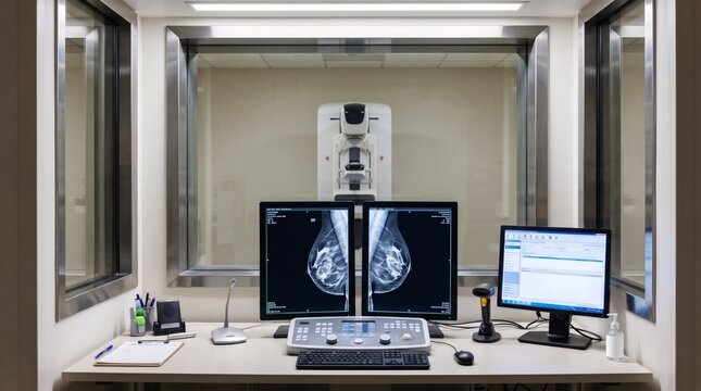 Mammography control workstation displays paired breast X ray images on central monitors. Scanner and control panel stand ready in clean examination room, supporting diagnostic image review.