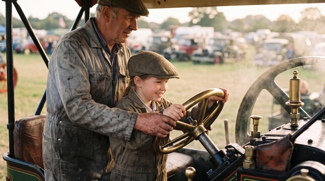 Grandfather Letting Grandchild Steer Traction Engine on Rally Field