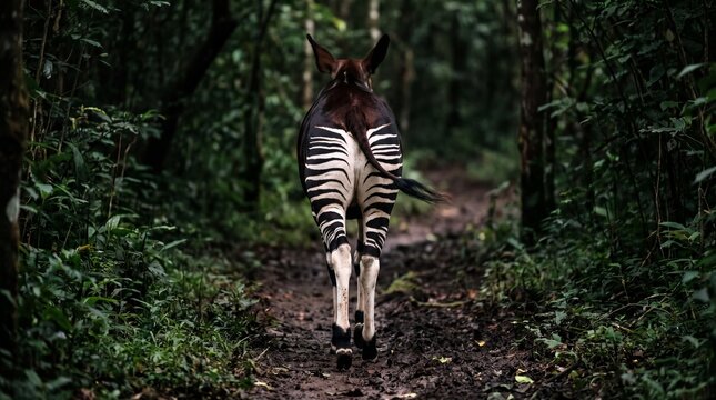 Rear View of Okapi Walking Away Showing Bold Striped Hindquarters