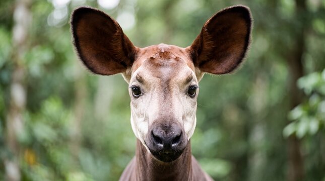 Close Portrait of Okapi Face With Large Ears and Gentle Dark Eyes