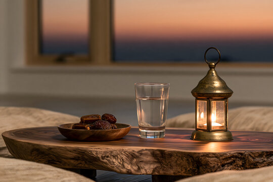 Breaking the Ramadan fast in calm and serenity. A low wooden table, set at twilight with a small bowl of dates, a glass of water, and a lit brass lantern