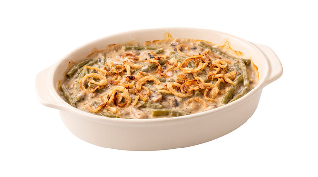 Thanksgiving Green Bean Casserole in Ceramic Baking Dish, No Background, Transparent PNG