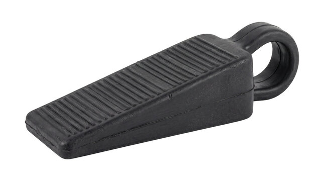 Black rubber door stopper wedge with ribbed surface and integrated loop for easy handling PNG Isolated on transparent background