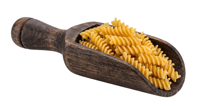 Wooden scoop filled with fusilli pasta spirals, a classic Italian dry pasta shape for various culinary uses PNG Isolated on transparent background