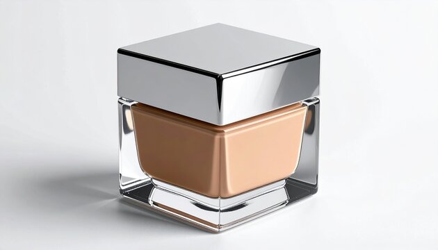 Square glass foundation container with a brushed silver lid, isolated on white.