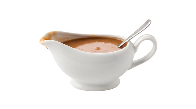 Thanksgiving Turkey Gravy in White Ceramic Gravy Boat, No Background, Transparent PNG