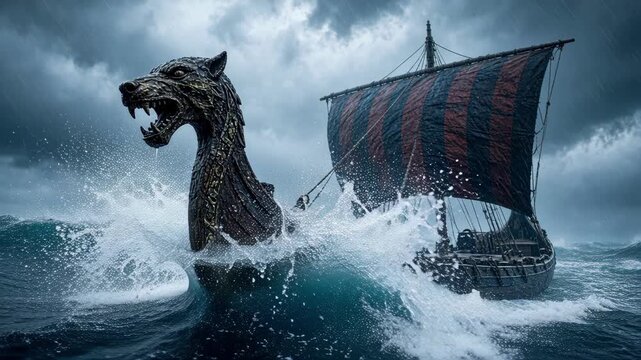 Wolf-head longship prow plunging through stormy seas