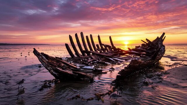 Broken longship hull on a tidal flat at pink sunrise