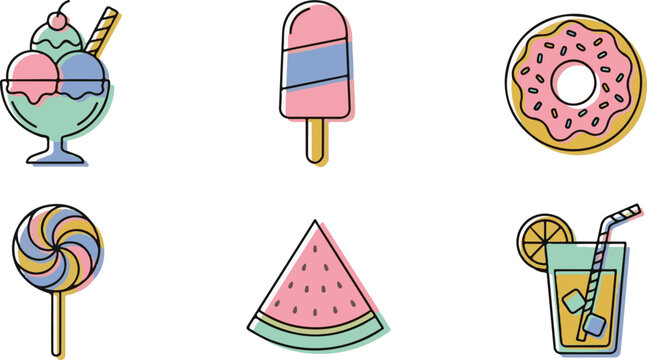 Set of colorful sweet dessert icons including ice cream donut and fruit slice