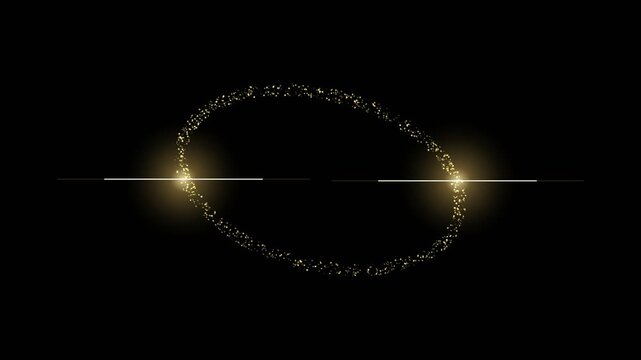 Gold glitter oval frame with glowing light flares, luxury motion overlay for titles and invitations border