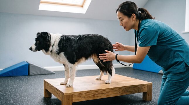 Specialist steadies dog on a low rehab platform