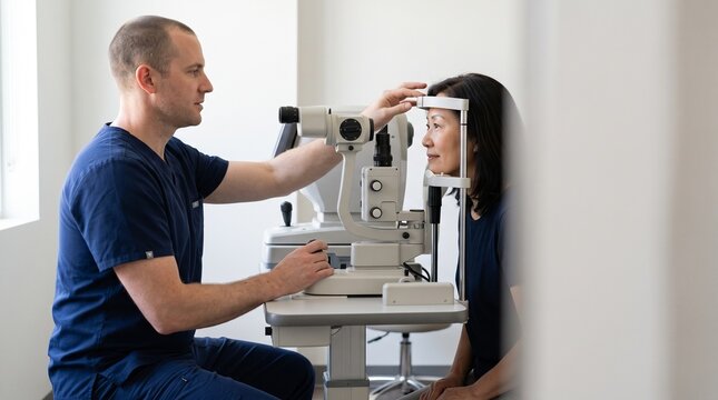 Technician aligns patient for noncontact retinal imaging