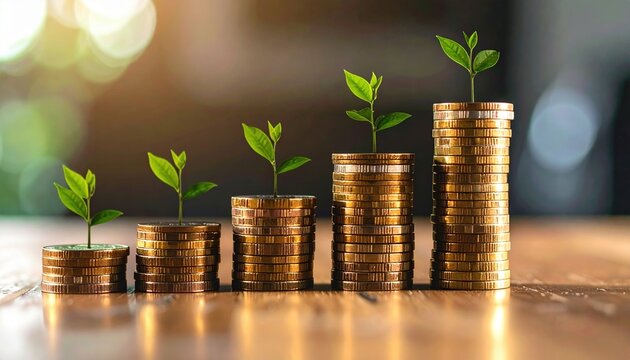 Long term wealth building represented by steadily growing coin stacks