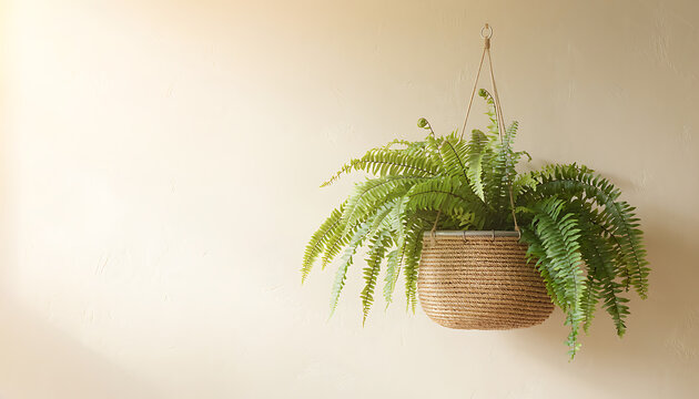 Hanging Woven Basket with Lush Fern Plant Against Neutral Wall
