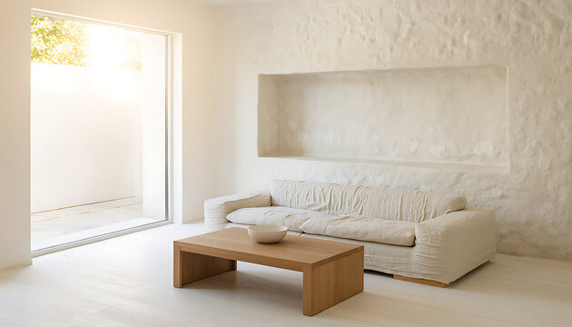 Minimalist Living Room Interior Featuring White Textured Wall and Sofa