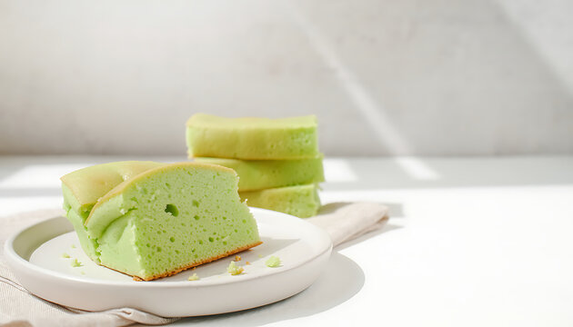 Slices of Pandan Chiffon Cake on White Plate with Sunlight