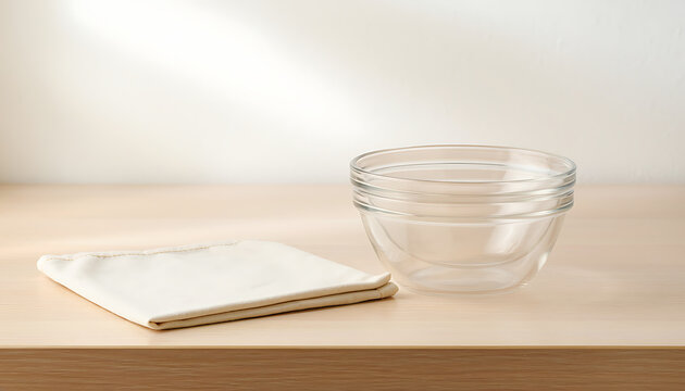 Stacked Glass Bowls and Folded Cloth on Wooden Tabletop