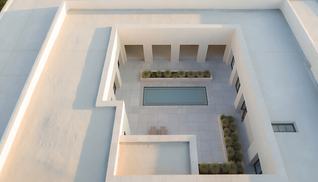 High Angle View of Modern Building Courtyard with Pool and Planters